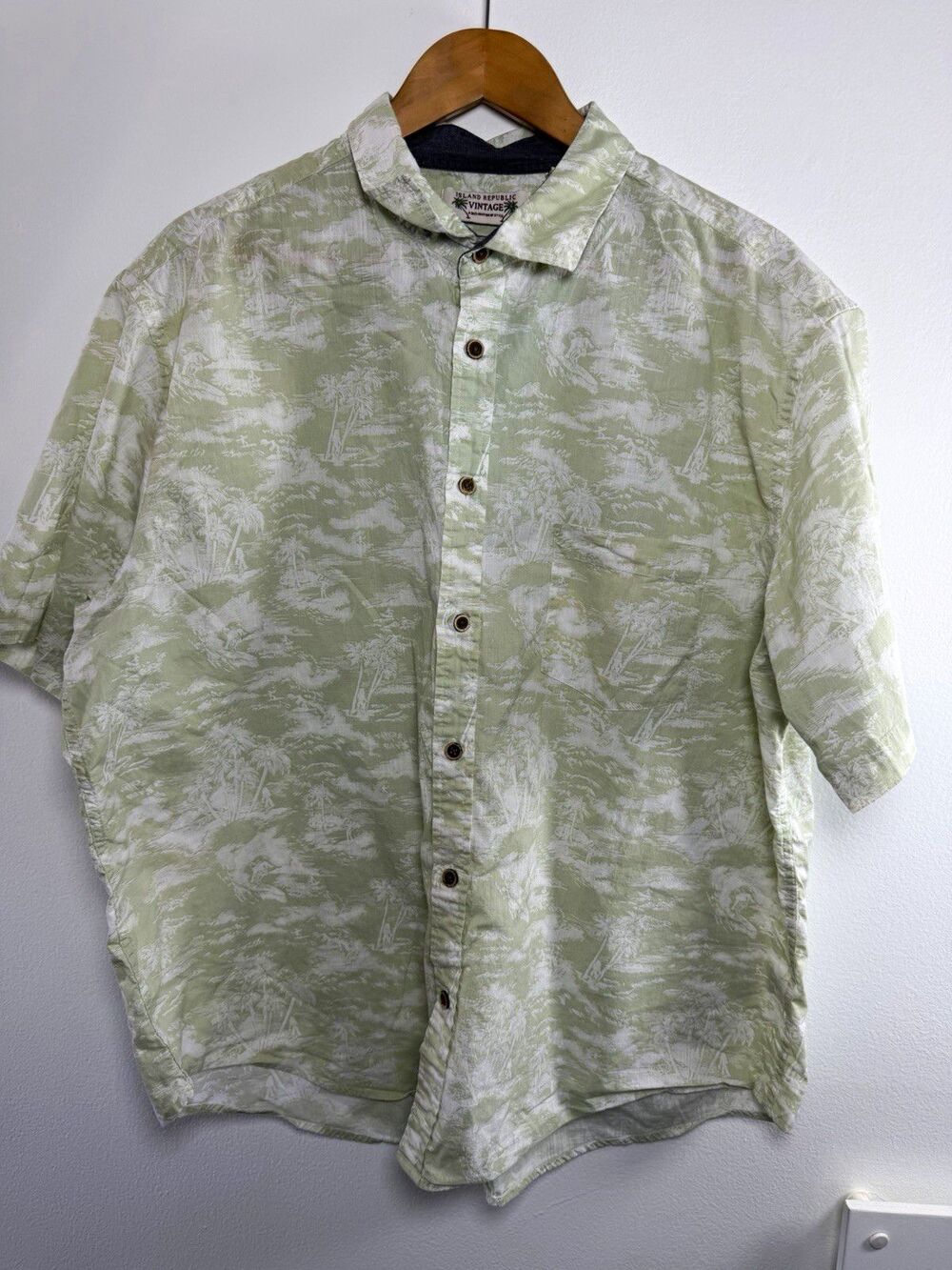 Island Republic Men’s 2XL Big & Tall Green White Scenic Button-Up Shirt Cotton